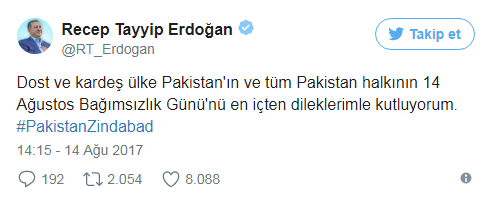 Cumhurbaşkanı Erdoğan'dan Pakistan kutlaması